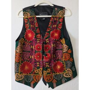 Tenango Designs Floral Embroidered Vest Size M Artisan Boho Guatemalan Folk